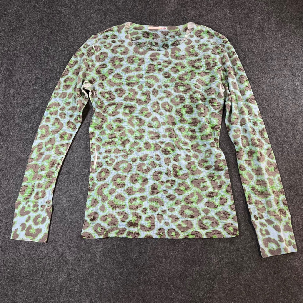 Before + Again Womens Small Leopard Print Thermal Top Green Blue Long Sleeve